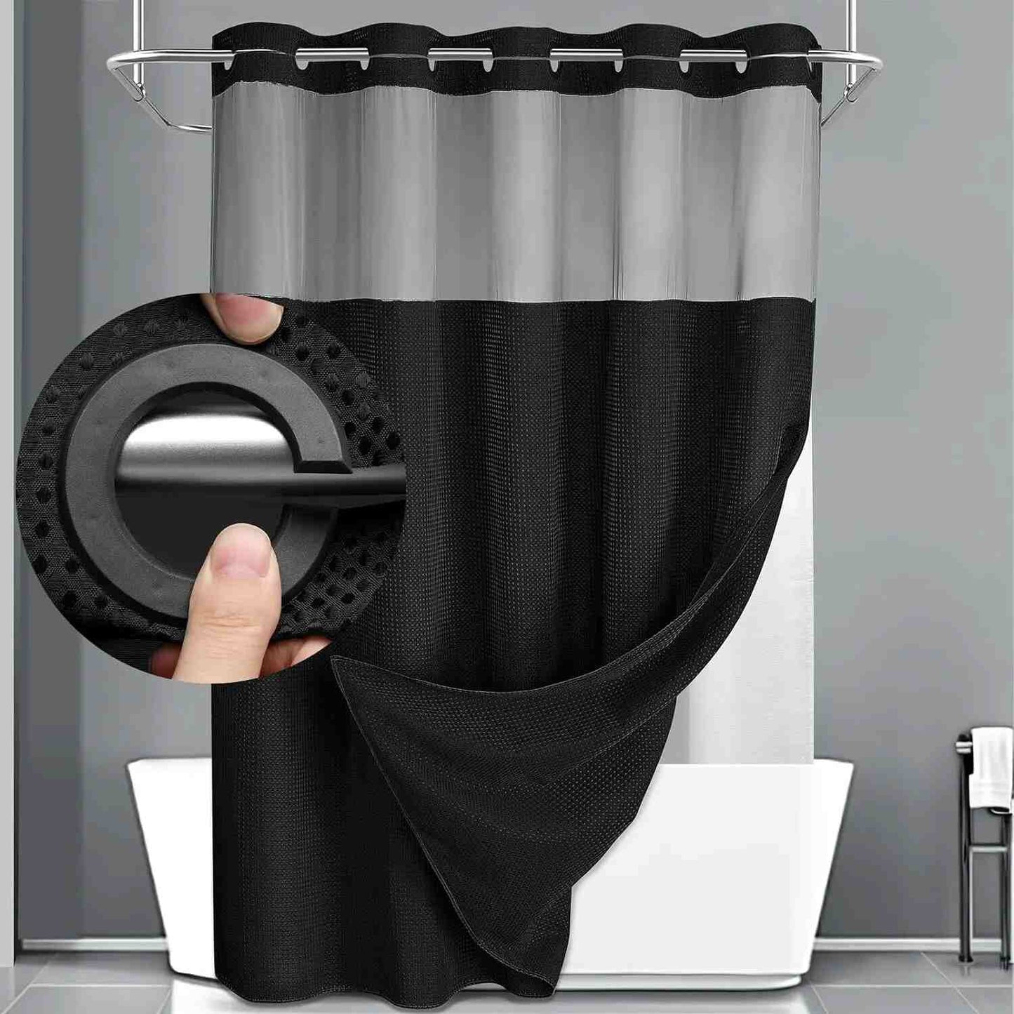 Hookless Double-Layer Shower Curtain with Removable Waterproof Snap-In Liner