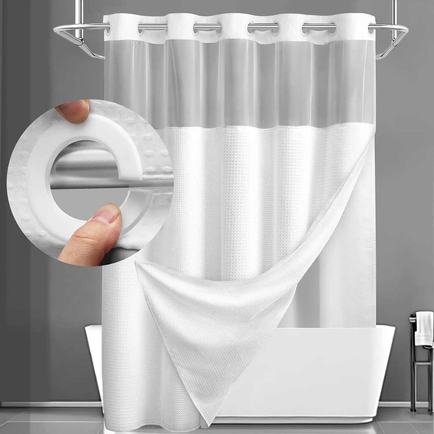 Hookless Double-Layer Shower Curtain with Removable Waterproof Snap-In Liner
